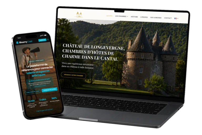 Ordinateur portable et téléphone affichant des projets réalisés